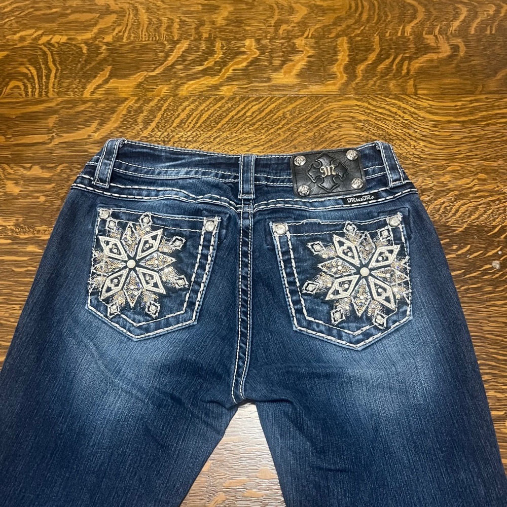 Miss Me Bootcut Jeans Women 28 Blue Dark Wash Sequin Snowflake MP7096B